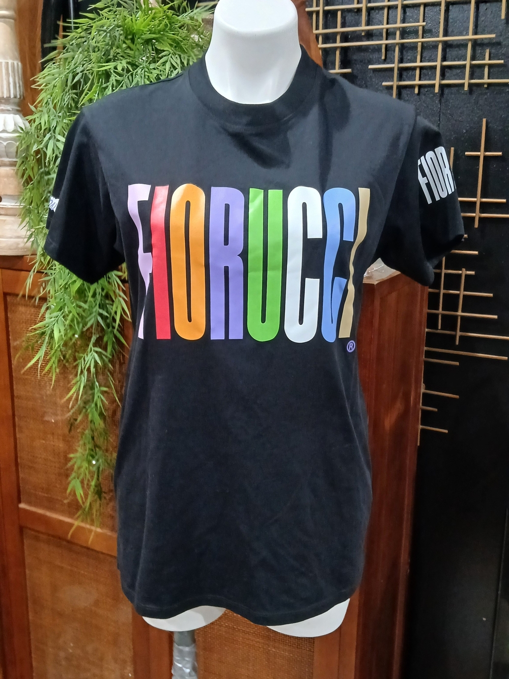 Fiorucci Black Short-Sleeve Tee with Multicolor Rainbow Logo